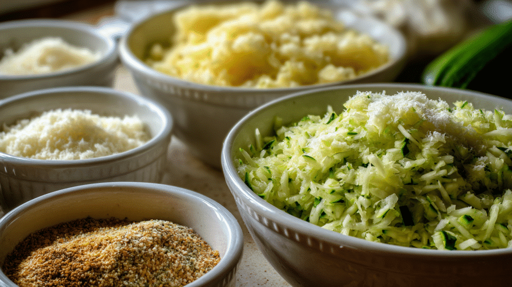 Ingredients for crispy parmesan zucchini potato muffins