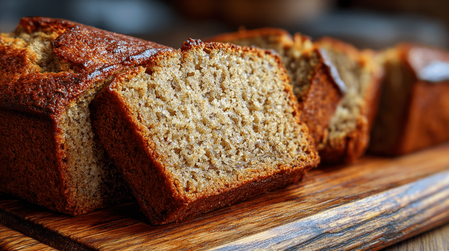 Freshly baked angular banana bread with clean slices