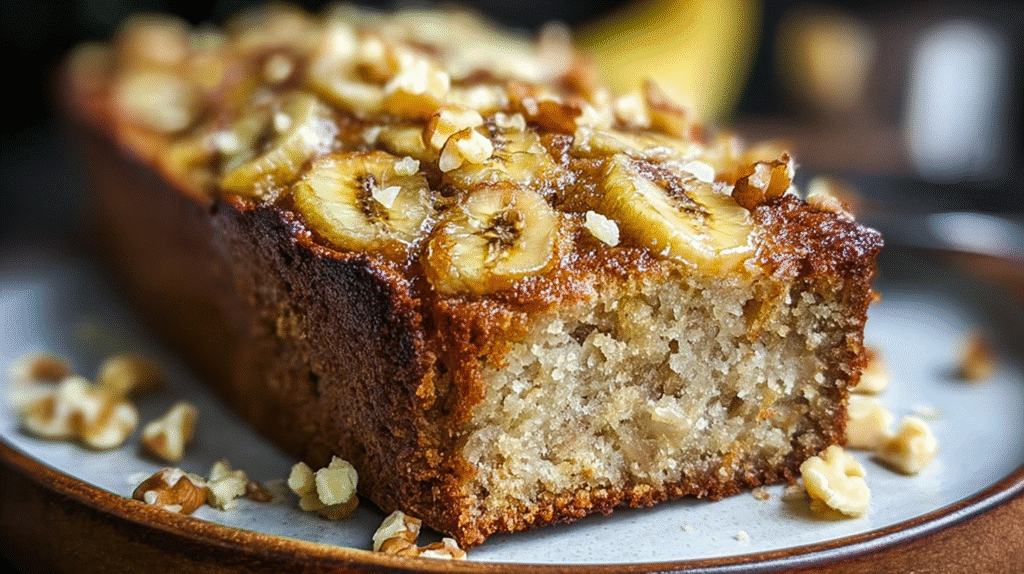 Moist slice of angular banana bread with walnuts