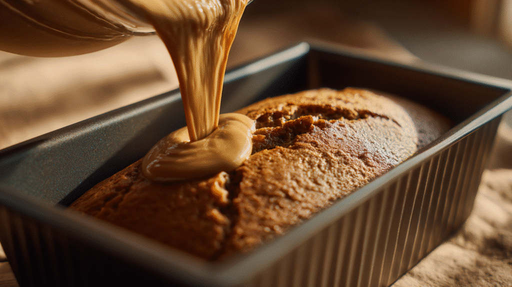 Pouring batter into angular loaf pan