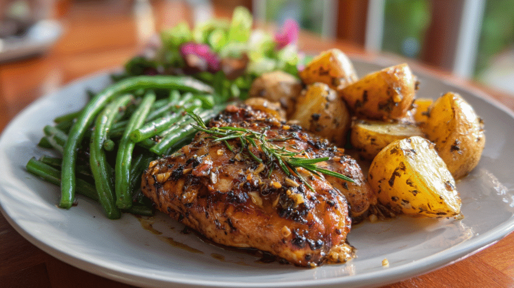 Plated Garlic Honey Glazed Chicken with sides
