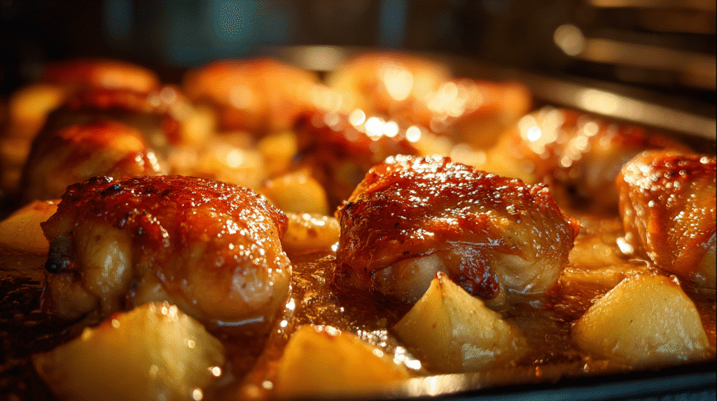 Chicken and potatoes baking in honey garlic glaze