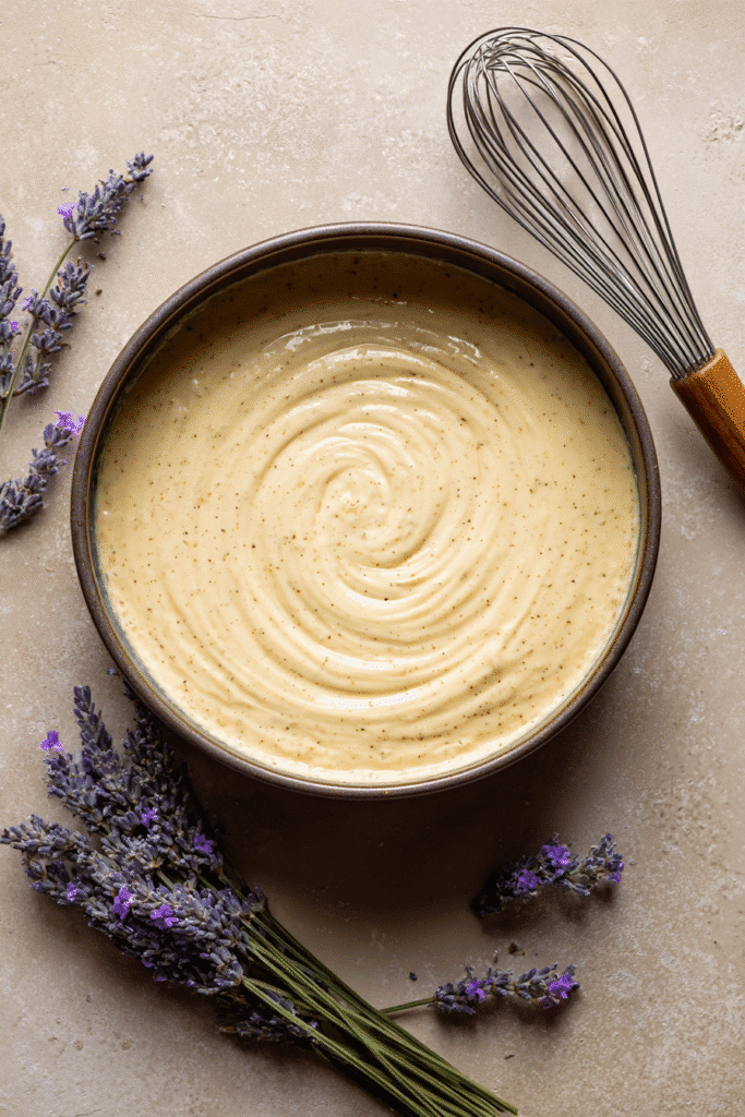Lemon Lavender Cake batter in a baking pan