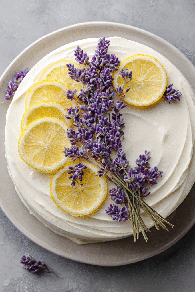 Decorating Lemon Lavender Cake with lavender and lemon slices