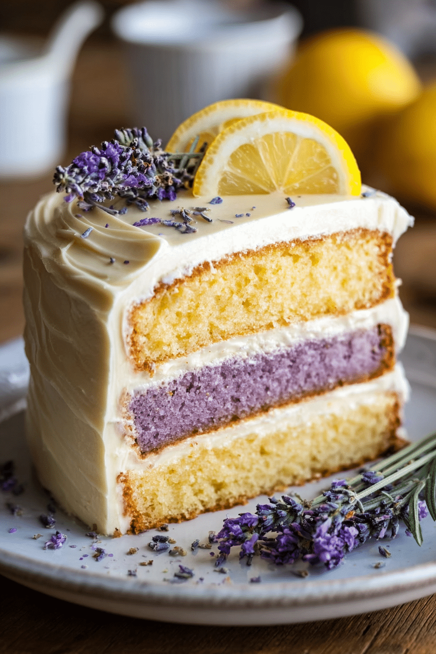 Lemon Lavender Cake with creamy frosting and lavender garnish