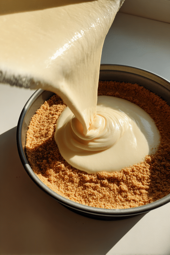 Pouring cream batter for blueberry cream cake