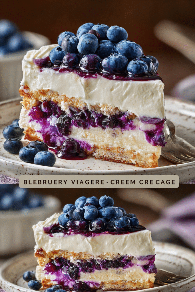 Served slice of vintage blueberry cream cake with mint garnish
