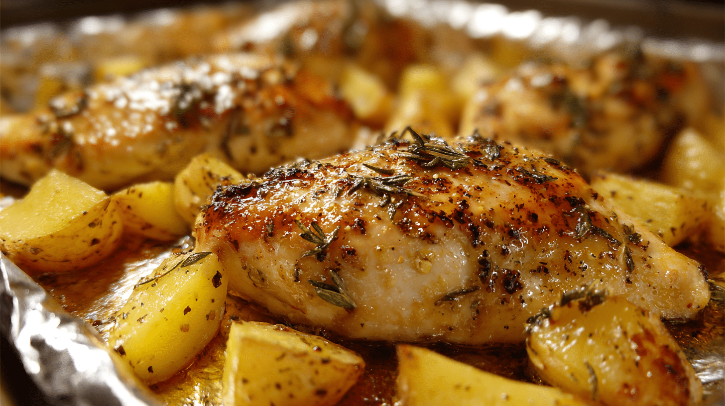 Garlic Honey Glazed Chicken with Roasted Potatoes on sheet pan