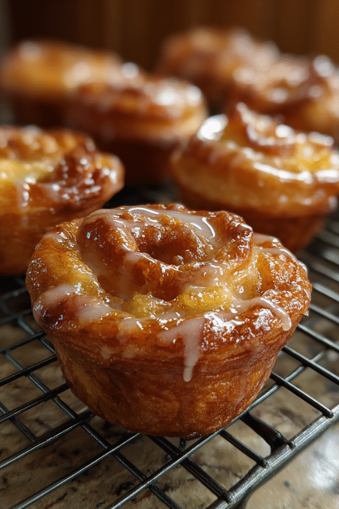 Irresistible Peach Pie Cruffins Recipe: The Ultimate Fresh Peach Dessert Idea for Summer 7 Freshly Baked Peach Pie Cruffins on Cooling Rack