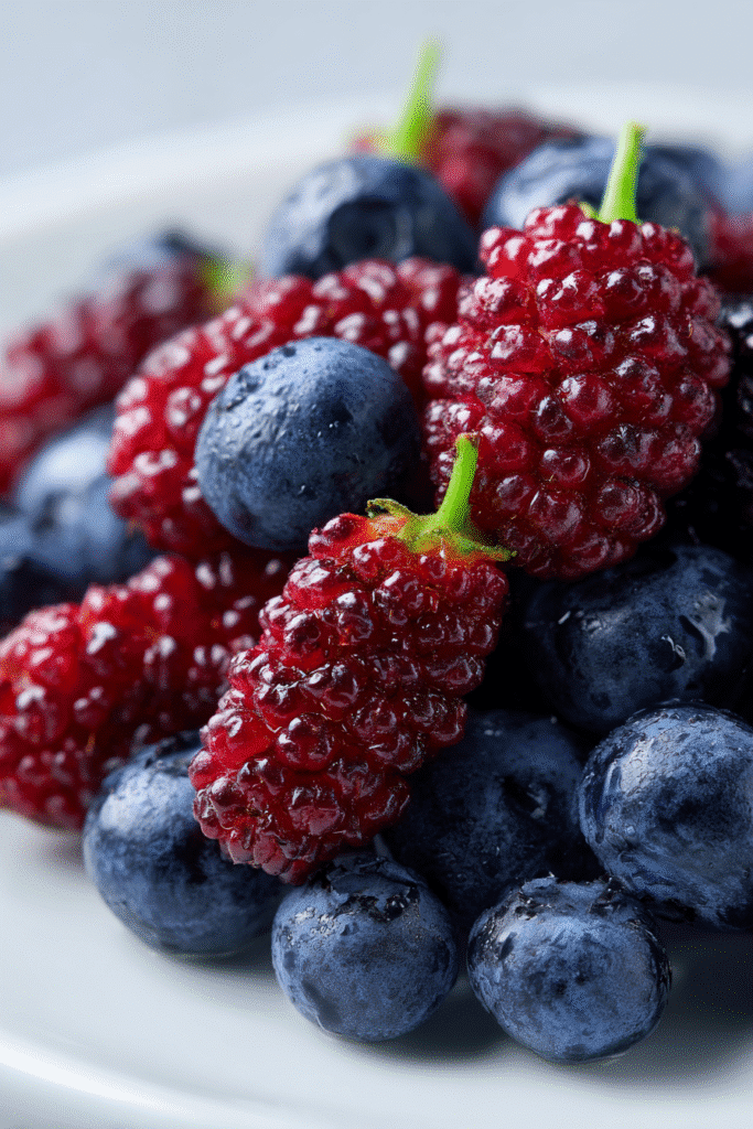 The Best Mulberry Recipes to Try This Season (Sweet & Savory Ideas) 2 Mulberries and blueberries on plate showing nutrition