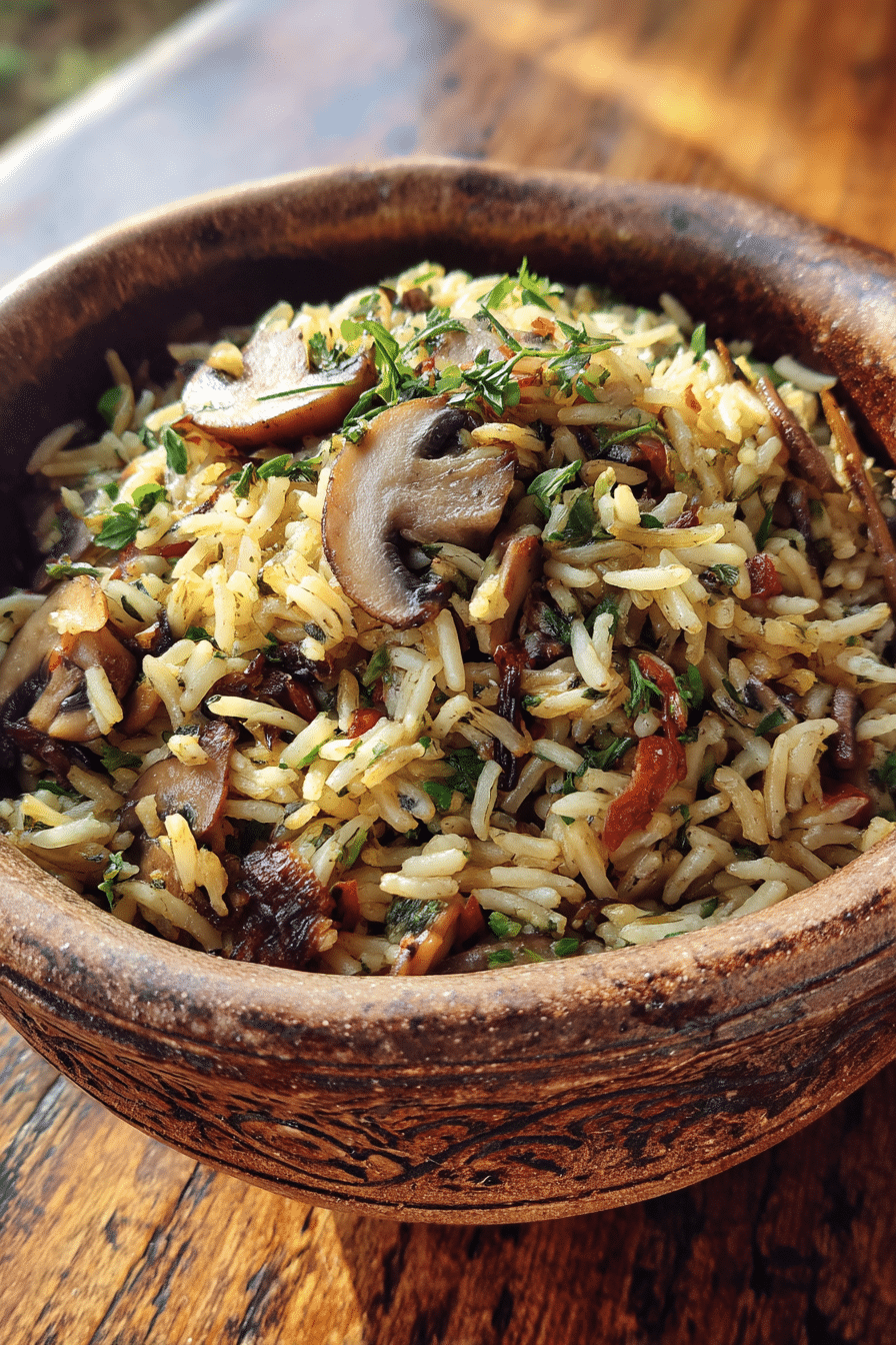 Mushroom & Wild Rice Pilaf served in a rustic bowl