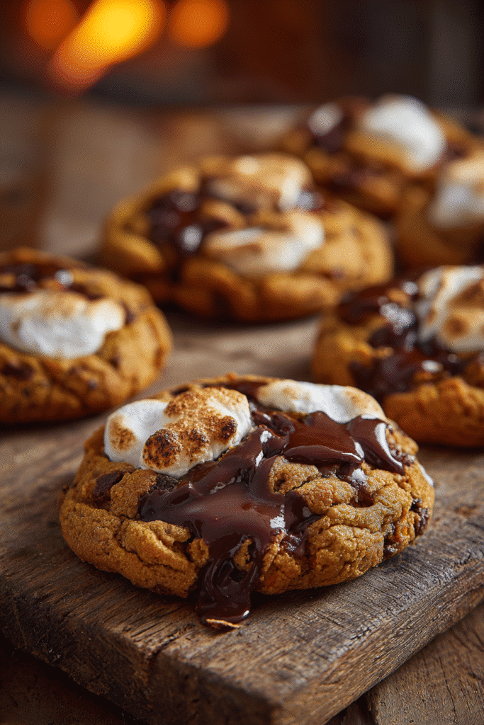 Pumpkin S’mores Cookies stacked with coffee.