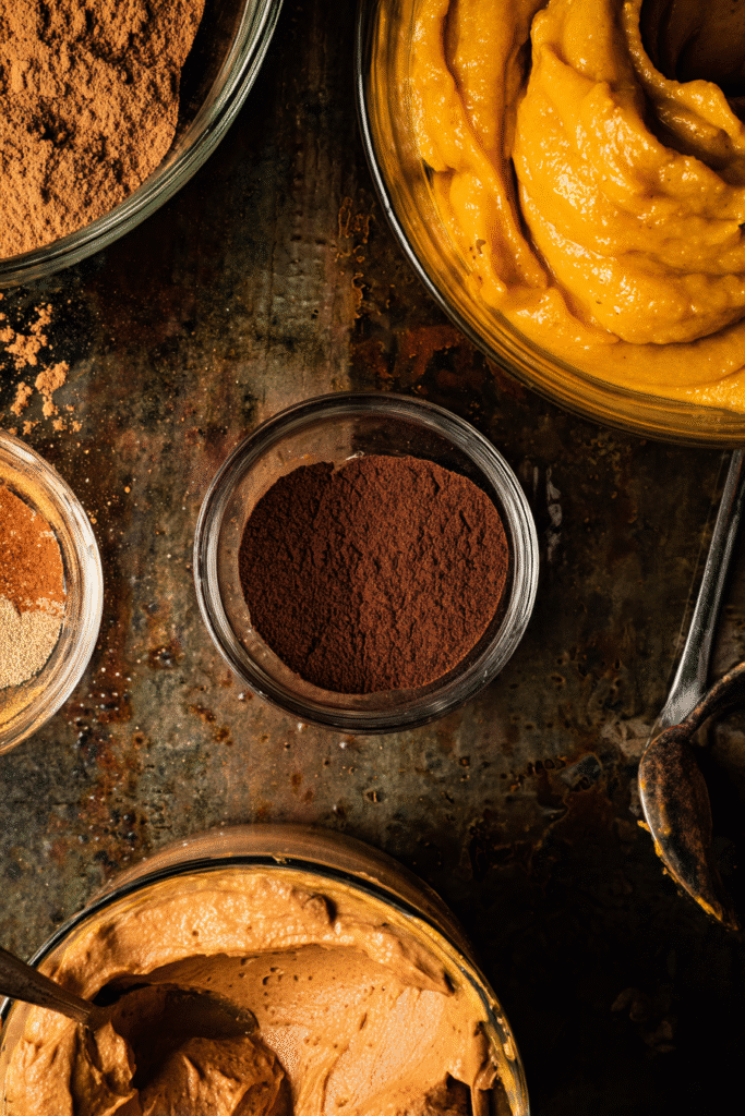 Pumpkin spice latte cupcake ingredients on counter