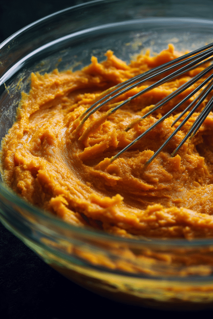 Sweet potato pie filling being mixed in a glass bowl