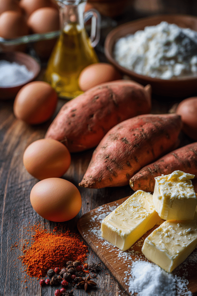 Sweet potato pie ingredients on a wooden table