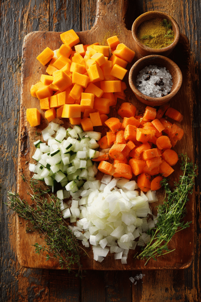 Fresh vegetables for making butternut squash soup