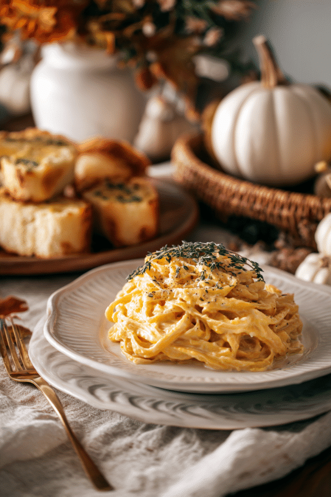 Pumpkin Alfredo Pasta served with garlic bread