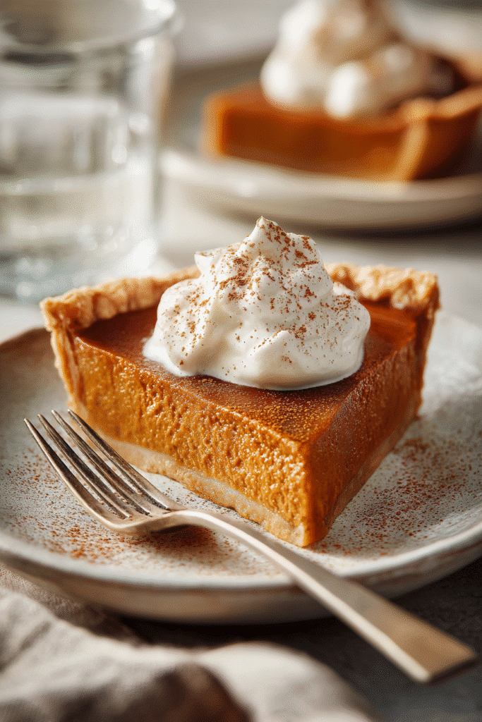 Sweet potato pie slice served with whipped cream