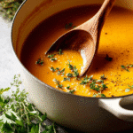 Butternut squash soup cooking in a pot with herbs