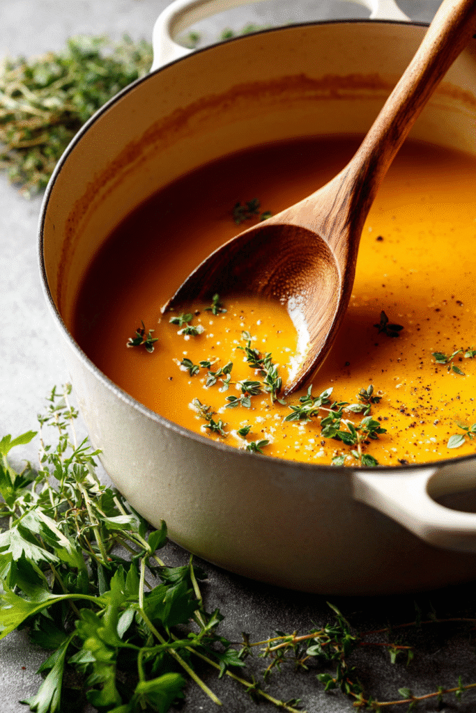 Butternut squash soup cooking in a pot with herbs