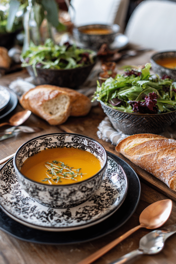 Butternut squash soup paired with bread and salad