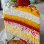 Strawberry Mango Split Cake – A Refreshing and Fruity Dessert 9 A slice of Strawberry Mango Split Cake served with fresh mango and strawberries