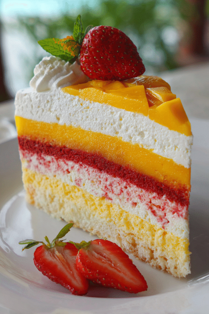 Strawberry Mango Split Cake – A Refreshing and Fruity Dessert 8 A slice of Strawberry Mango Split Cake served with fresh mango and strawberries