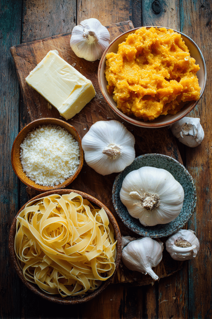 Ingredients for Pumpkin Alfredo Pasta laid out on a table