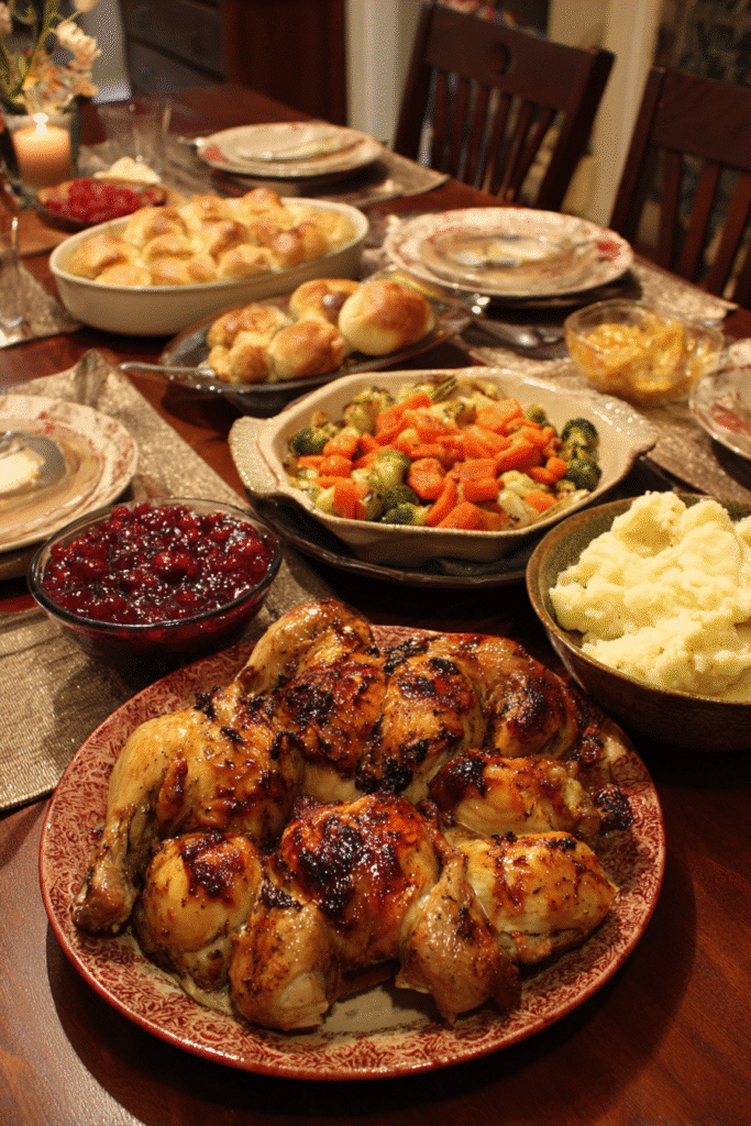 Maple-Glazed Roast Chicken: A Cozy Fall Dinner Recipe 8 Maple-glazed roast chicken served with holiday sides