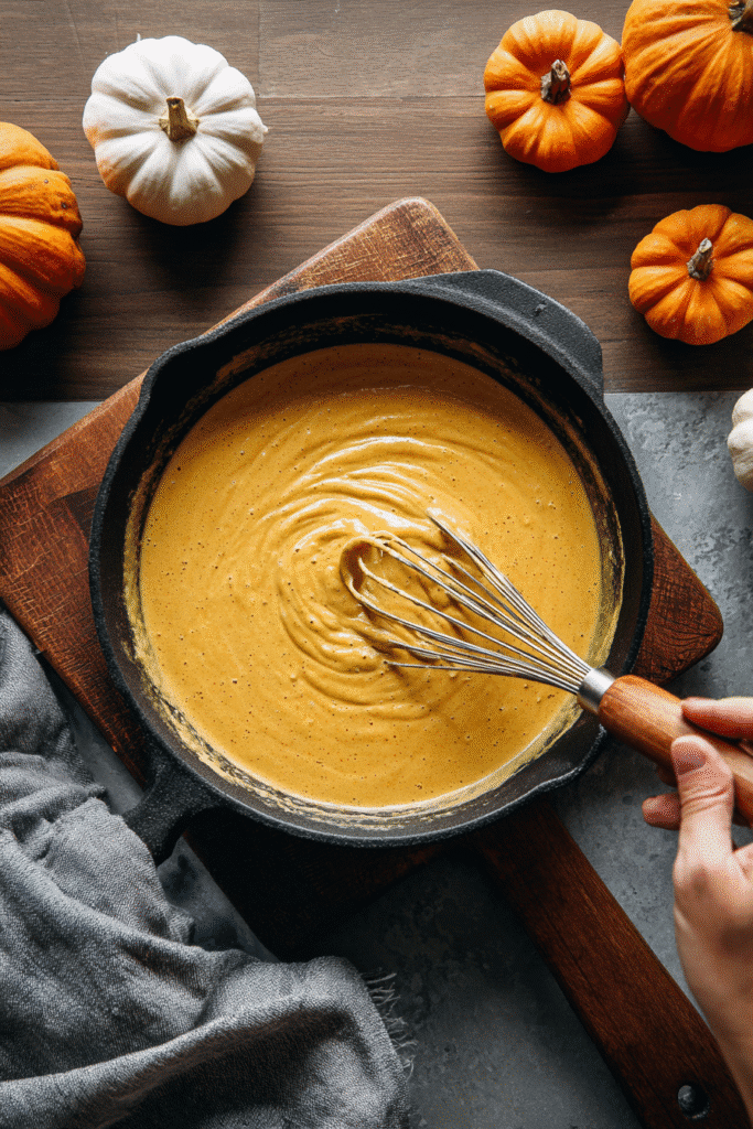 Pumpkin Alfredo Pasta sauce cooking in a skillet