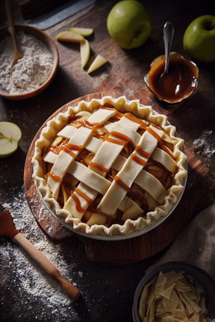 Caramel Apple Pie assembly process with apples and caramel