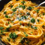 Pumpkin Alfredo Pasta served creamy in a skillet