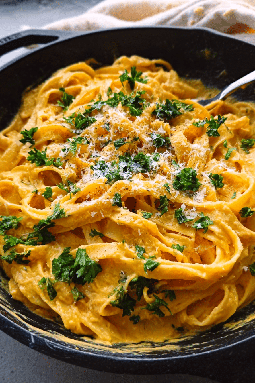 Pumpkin Alfredo Pasta served creamy in a skillet