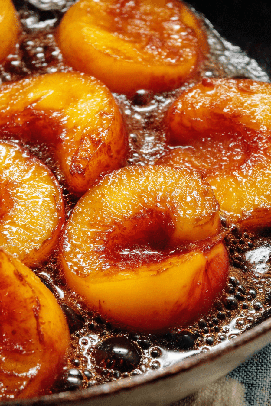 Spiced caramelized peaches in skillet