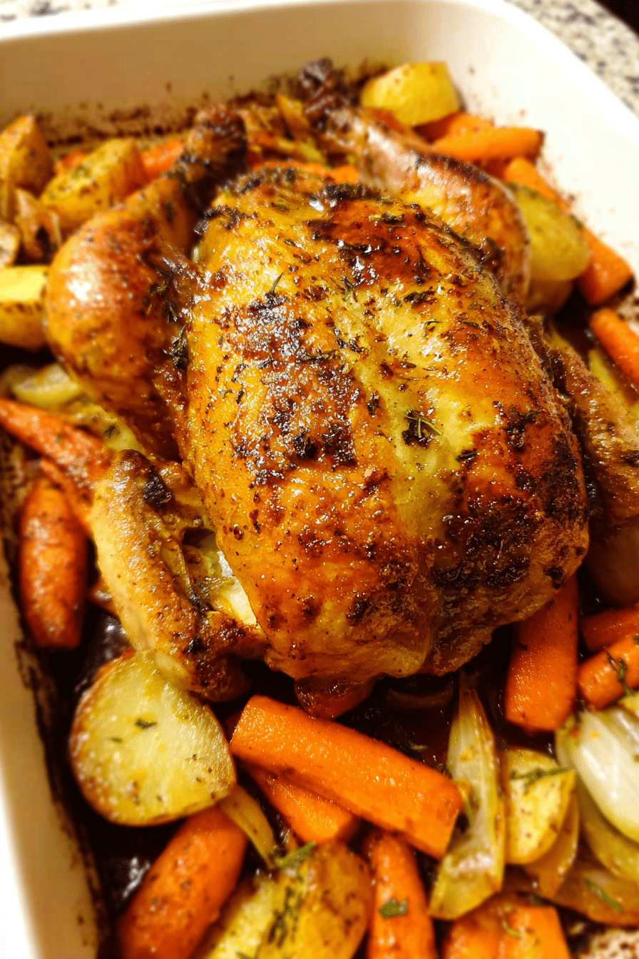 Maple-glazed roast chicken with roasted vegetables