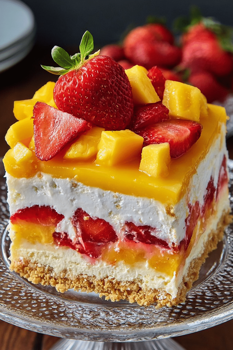 Strawberry Mango Split Cake with cheesecake filling and fresh fruit topping