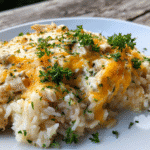 Creamy crockpot chicken and rice served hot