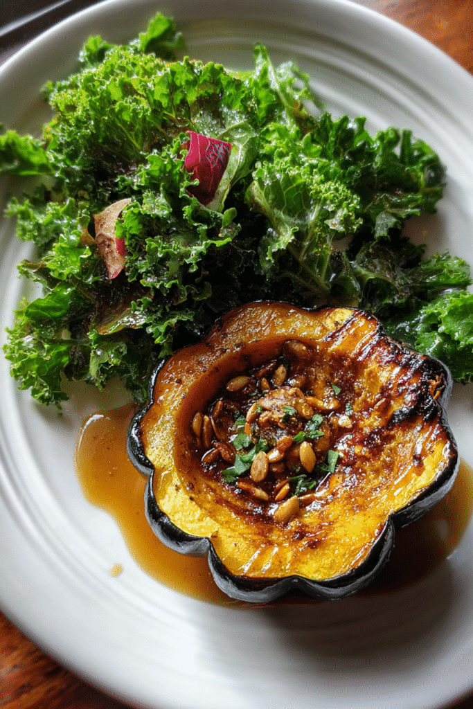 Stuffed Acorn Squash: Cozy and Delicious Fall Recipe 7 Stuffed acorn squash served with kale salad and maple drizzle