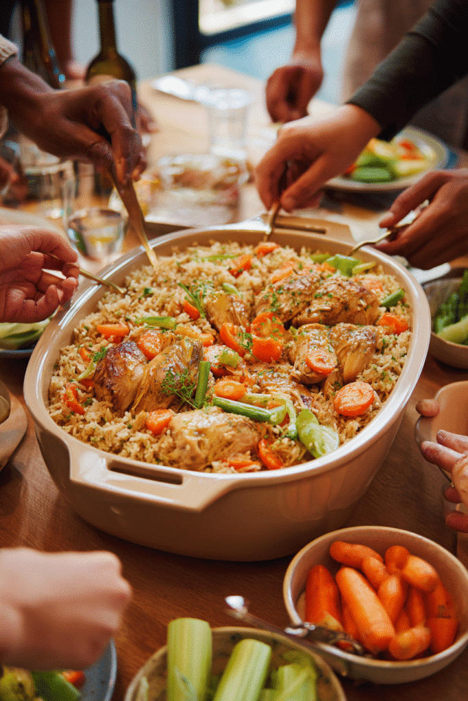 Family-style crockpot chicken and rice dinner