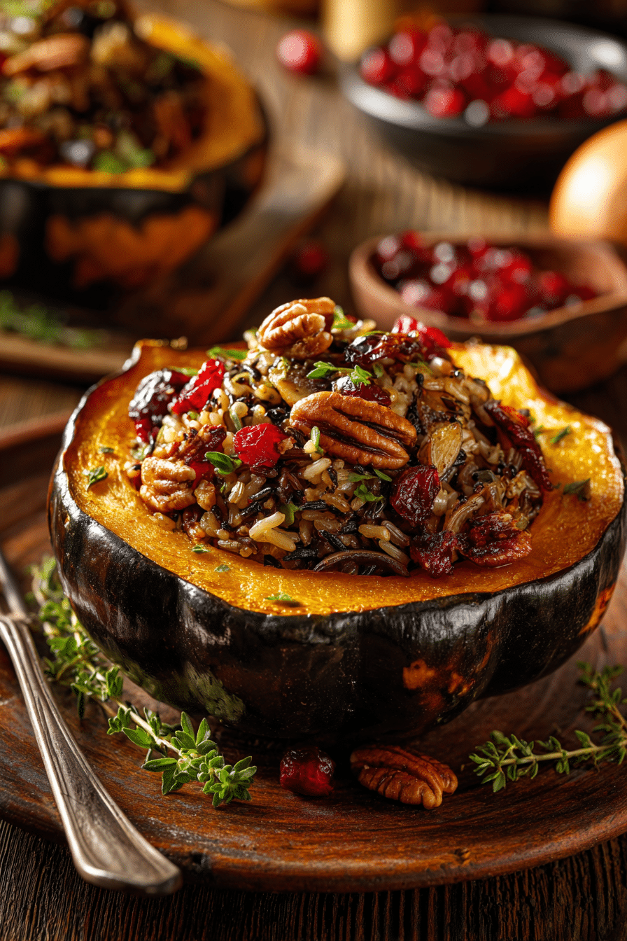 Stuffed acorn squash recipe with wild rice, mushrooms, and cranberries