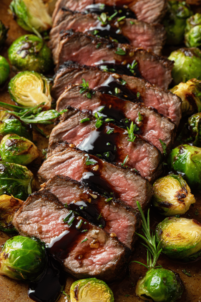 Beef steak served with roasted Brussels sprouts and balsamic glaze