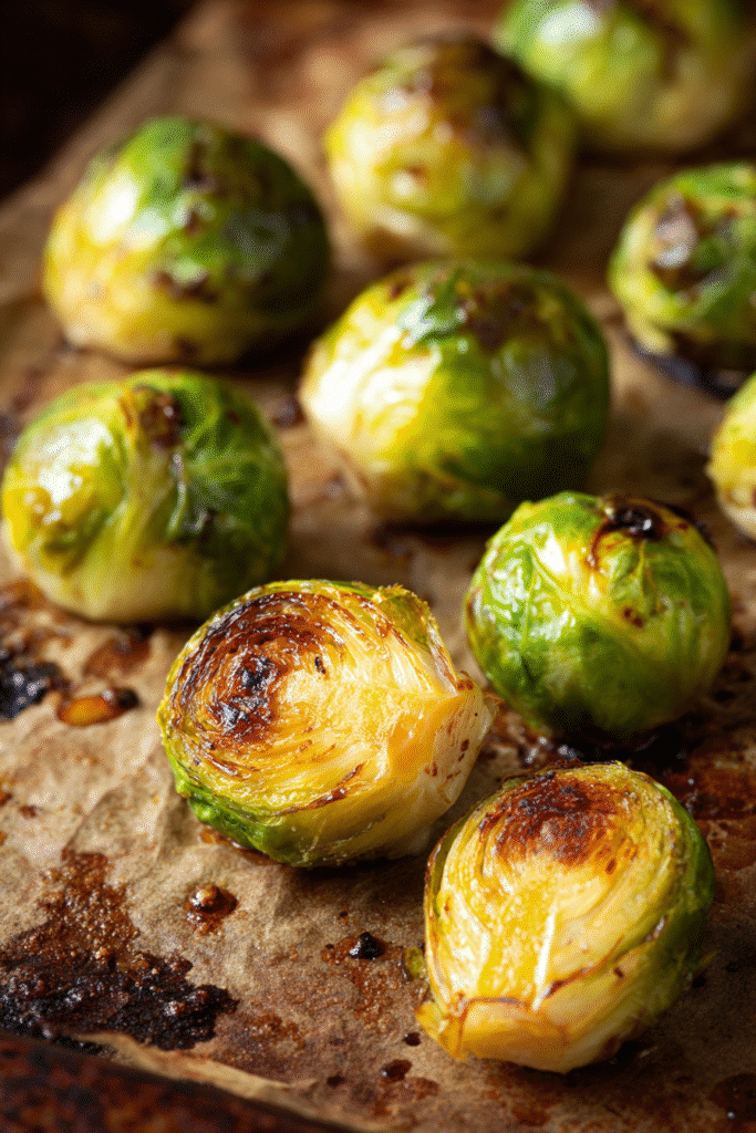 Roasted Brussels sprouts on a tray showing crisp caramelized edges