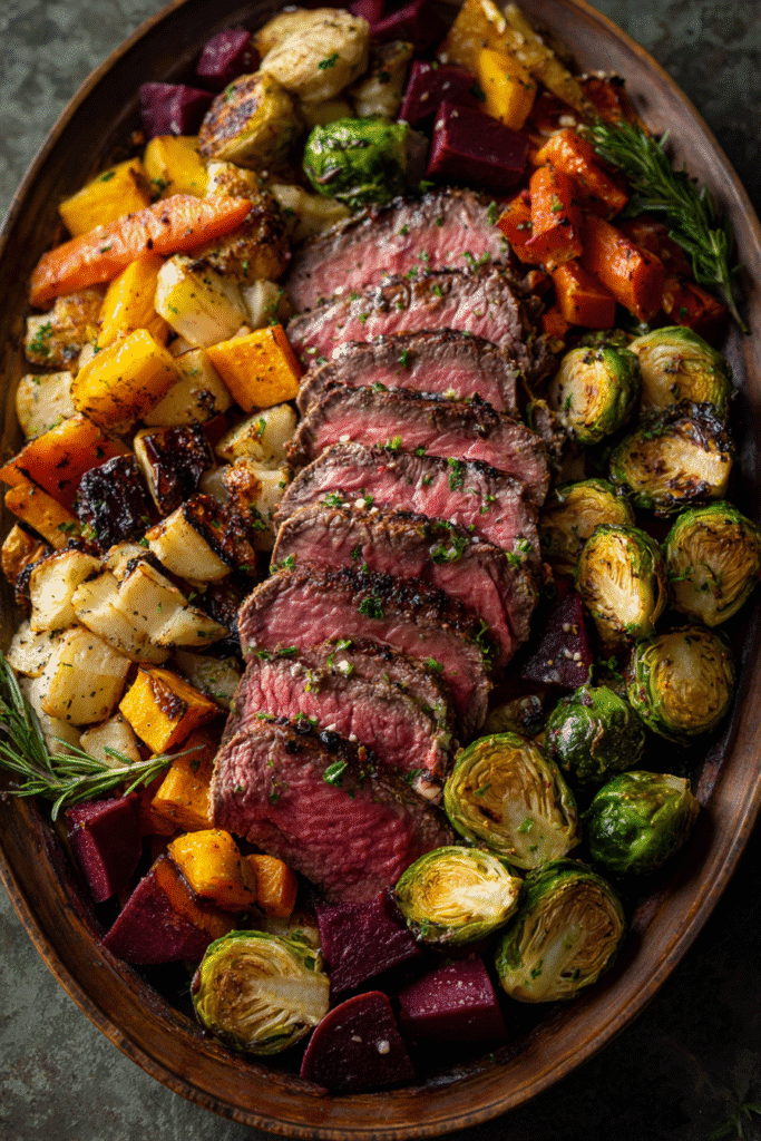 Family-style platter of roasted Brussels sprouts with beef and veggies