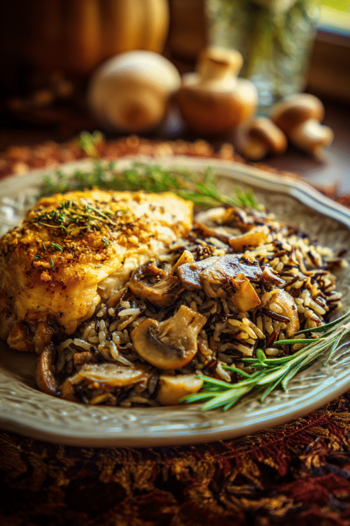 Mushroom & wild rice pilaf served with roasted chicken