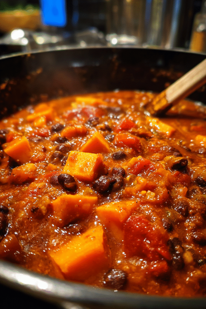 sweet potato chili with toppings like avocado and tortilla strips