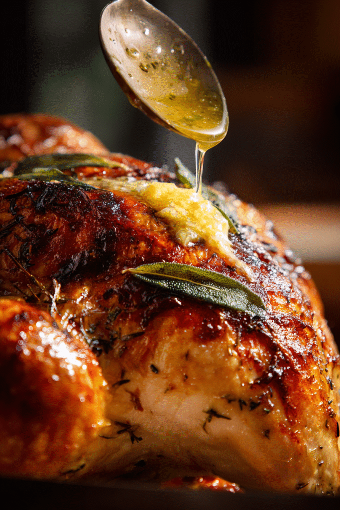 Basting crispy roast turkey with sage butter