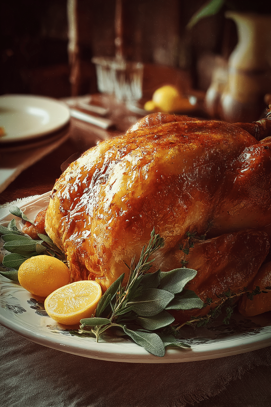 Sage Butter Roast Turkey garnished with herbs on platter
