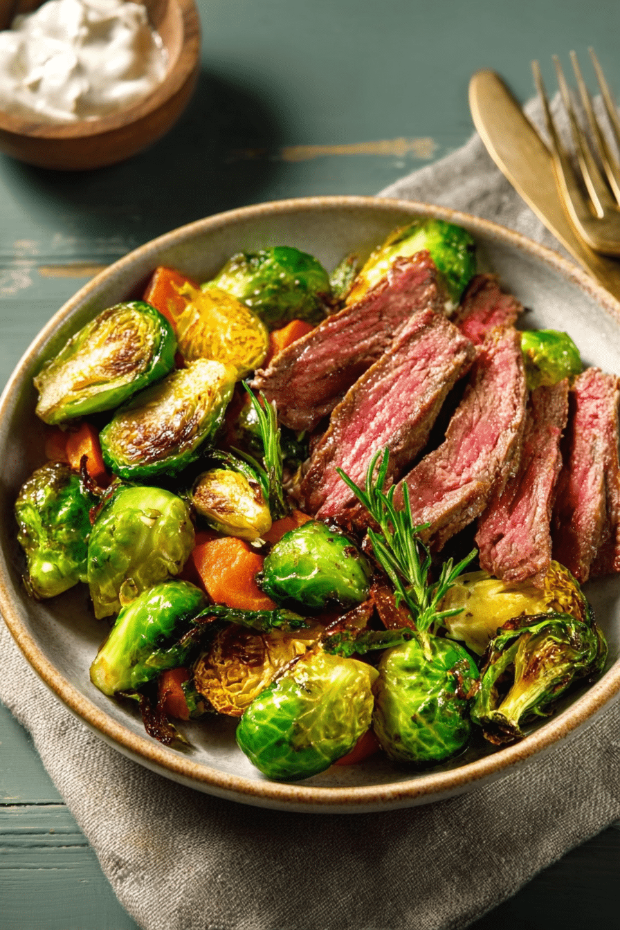Roasted Brussels sprouts with beef served as a fall vegetable recipe