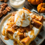 Pumpkin Bread Pudding fall dessert with caramel drizzle