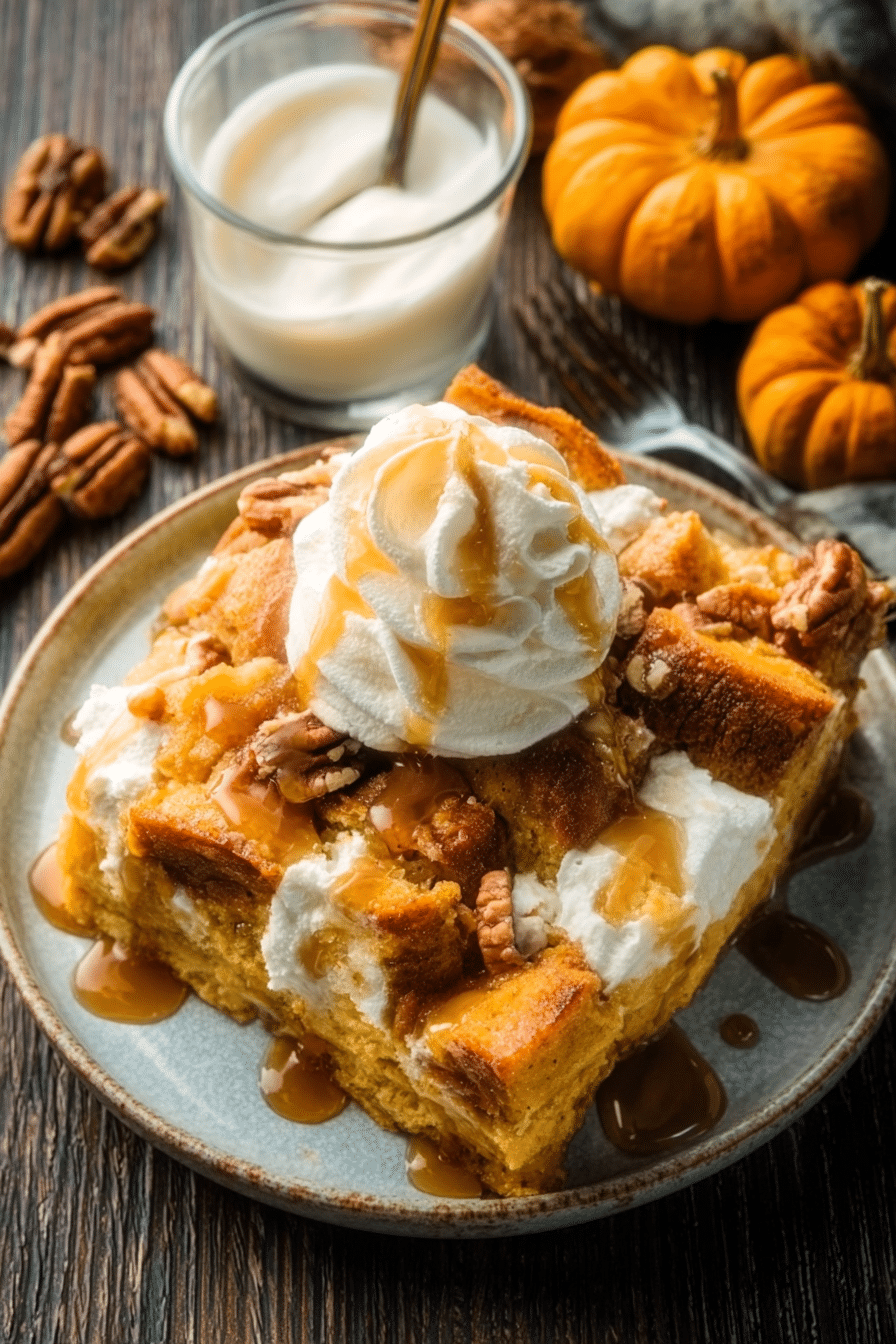 Pumpkin Bread Pudding fall dessert with caramel drizzle